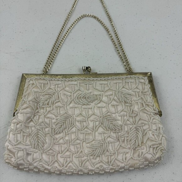 Vtg Mister Ernest Handbag Purse Clutch White Beaded Gold Clasp Gold Chain Prom - Picture 2 of 16